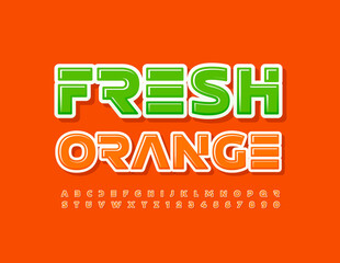 Vector Bright Banner Fresh Juice. Original sticker Font. Trendy Alphabet Letters and Numbers