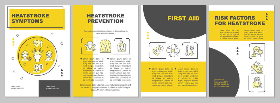 Heatstroke symptoms brochure template. Sun stroke prevention. Flyer, booklet, leaflet print, cover design with linear icons. Vector layouts for presentation, annual reports, advertisement pages