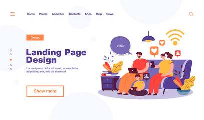 Addicted family using digital gadgets for chatting on social media. Parents and kid using smartphone, laptop, tablet at home. Vector illustration for internet addiction, online communication concept