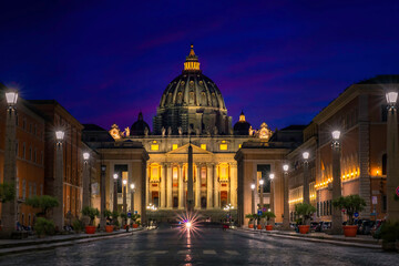 Night summer view of Vatican city and St. Peter's church, Rome, Italy