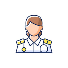 Cruise ship nurse RGB color icon. Isolated vector illustration. Proffesional medical help for customers. Health care during traveling. Passengers treatment plan simple filled line drawing