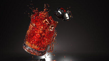Beauty photo of a splashed glass of whiskey with ice