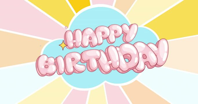 Cartoon kids animation logo Happy birthday and colorful rays rotation