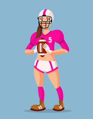 American football player holding ball. Female person in cartoon style.