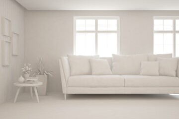 Obraz premium White minimalist living room with sofa. Scandinavian interior design. 3D illustration