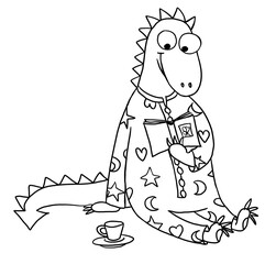 Cute little dinosaur in pajamas sitting on the floor reading a book and drinking tea. Bedtime story. Distancing education. Black and white hand drawn cartoon illustration. Coloring book page. 