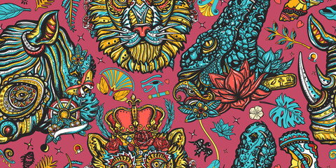 African wild animals portrait. Seamless pattern. Royal lion, evil crocodile and romantic rhino. Old school tattoo vector background. Traditional tattooing style. Zoo background. Safari in Africa