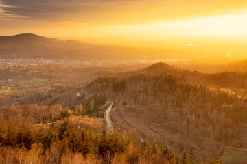 The Murgtal in the northern Black Forest shines in the warm sunlight during the golden hour