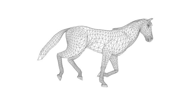 Wireframe 3d horse running, seamless loop, against white