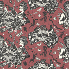 Naklejka premium Australia pattern. Boomerang, rock painting, kangaroo, didgeridoo, map. Aboriginal tribes bushmen. Old school tattoo seamless background. Ethnic Australian woman in traditional costume