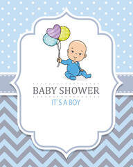 Baby shower card. Boy sitting with balloons in hand