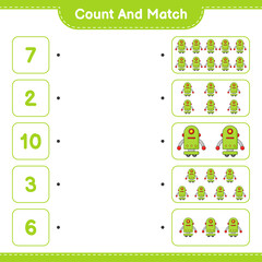 Count and match, count the number of Robot Character and match with the right numbers. Educational children game, printable worksheet, vector illustration