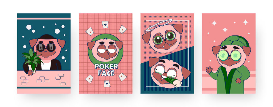 Set of contemporary art posters with crazy pug. Vector illustration. .Collection of jokey dogs in image of smoking, saintly, cheeky, funny puppies in flat colorful design. Fun, pet, pug, animal