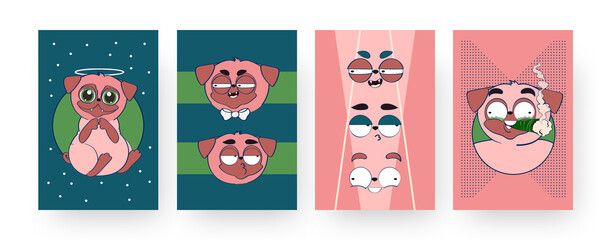 Set of contemporary art posters with funny pug. Vector illustration. .Collection of jokey dogs in image of smoking, crazy, saintly puppies in flat colorful design. Fun, pet, pug, animal concept