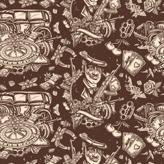 Gangsters pattern. Criminal, old noir movie. Retro crime seamless background. Boss plays saxophone, bandits weapons, retro car, casino, robbers. Traditional tattooing style