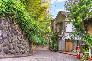 Stone wall with round rocks behind the  Asukayama Park along the curvy slope of the...