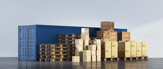 3d rendering illustration of goods delivery system. Big intermodal steel container and wooden pallet with pile of cardboxes in warehouse room waiting for transportation.