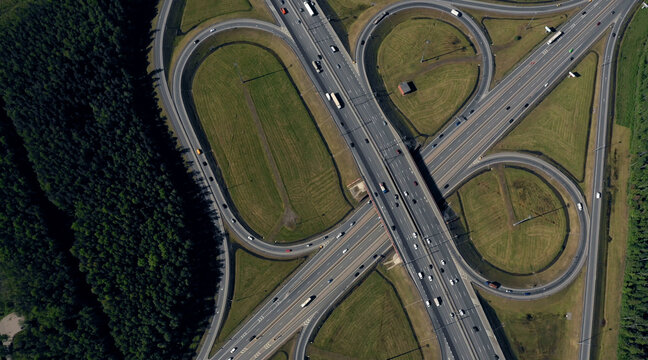 Aerial view of highway interchange. Road junction. Aerial view.