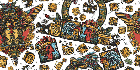 Mayan pattern.  Aztec, inca background. Old school tattoo style. Golden glyphs, Kukulkan, totem, dragon, indian. Ancient mexican civilization