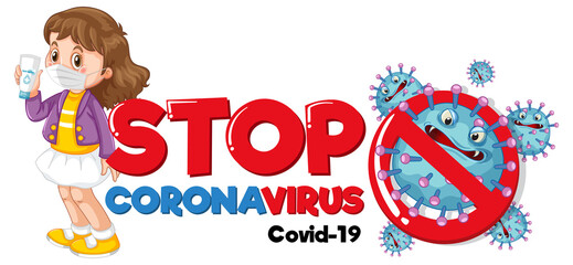 Stop Coronavirus banner with a girl wearing medical mask on white background