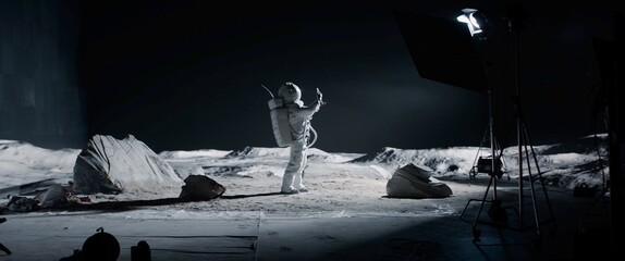 WIDE Male actor in astronaut suit making selfie on a Moon Lunar movie shooting set. Shot with 2x anamorphic lens
