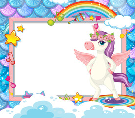 Obraz premium Blank banner with cute unicorn cartoon character