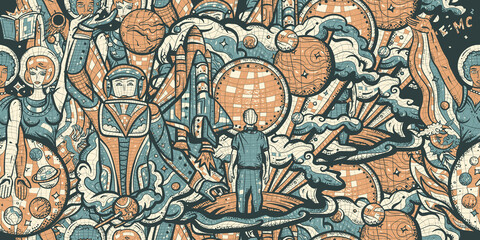 Astronaut, spacecraft, scientists and dreamer. Space program of America and China. Retro Soviet Union mosaic. Universe and people. Vintage seamless pattern. Multicultural study of deep space