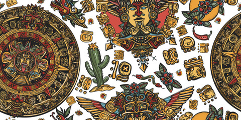 Mexican mesoamerican culture. Aztec sun stone, golden totem and mayan glyphs seamless pattern. Ancient Maya Civilization background