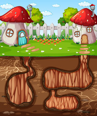 Underground animal hole with ground surface of the garden scene