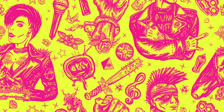 Punk lifestyle. Seamless pattern. Punker with mohawk, electric guitar, rock woman. Hooligans. Anarchy art. Music concept. Rock culture musical background