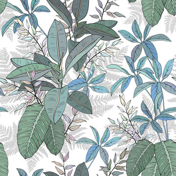 Ficus, palm leaves and tropical plants seamless pattern, tropical foliage, branch, greenery.