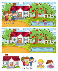 Set of different horizontal scenes background with doodle kids cartoon character
