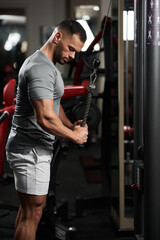 Fototapeta na wymiar Fitness man doing triceps workout in the gym