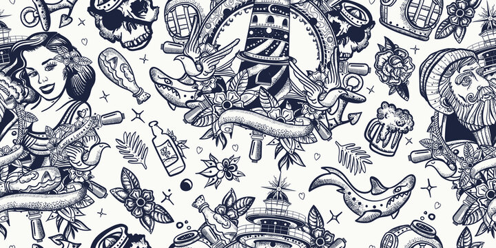 Sea adventure captain, lighthouse and sailor girl pin up style. Seamless pattern. Old school tattoo background