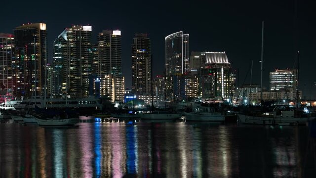 San Diego Harborview Telephoto Skyline Reflections Tilt Up Night Time Lapse California USA