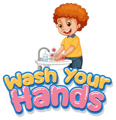 Wash your hands font design with a boy washing his hands on white background