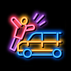 pedestrian hit by car neon light sign vector. Glowing bright icon pedestrian hit by car sign. transparent symbol illustration