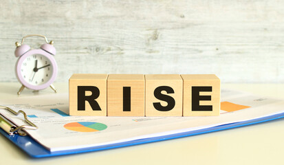 Wooden cubes lie on a folder with financial charts on a gray background. The cubes make up the word RISE.