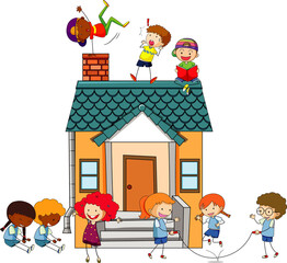 Many kids doing different activities around the house