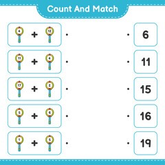 Count and match, count the number of Baby Rattle and match with the right numbers. Educational children game, printable worksheet, vector illustration