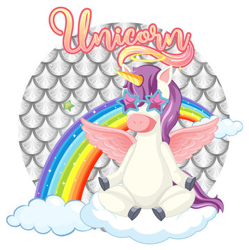 Unicorn cartoon character on pastel scales background isolated