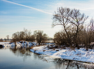 River Wieprz at winter time, Zawieprzyce, Lublin Voivodeship, Poland