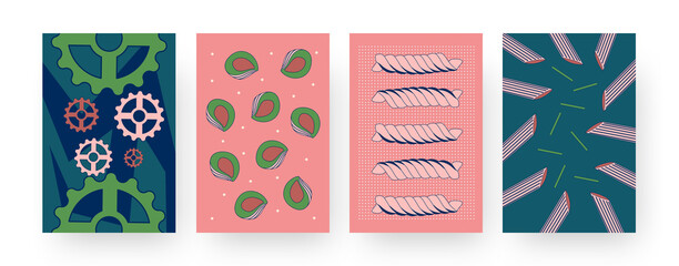 Set of contemporary art posters with different types of pasta. Vector illustration. .Collection of abstract Italian noodles and macaroni in flat colorful design. Food, restaurant, menu, cuisine