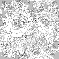 Seamless pattern with various flowers and peonies, summer monochrome flowers