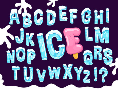 Vector cartoon font set. Ice blue letters for kids design 