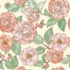 Seamless pattern with Camellia flowers. Pastel peach palette flower collection.