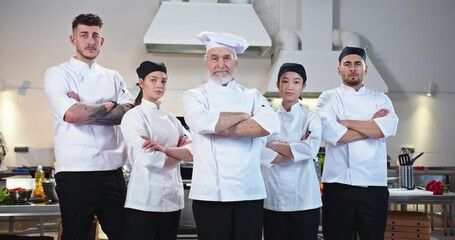 team of mixed-race professional different male and female chefs standing together at restaurant kitchen looking at camera. Group of cooks at workplace after working day. Culinary concept