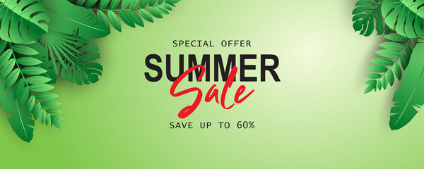 Fototapeta na wymiar Elegant summer sale banner with tropical leaf theme