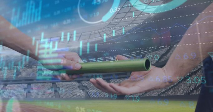 Stock market data processing against hand passing a baton against sports stadium - Powered by Adobe