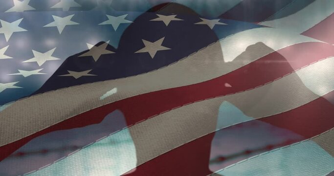 Waving american flag over silhouette of male swimmer wearing swimming glasses against swimming pool